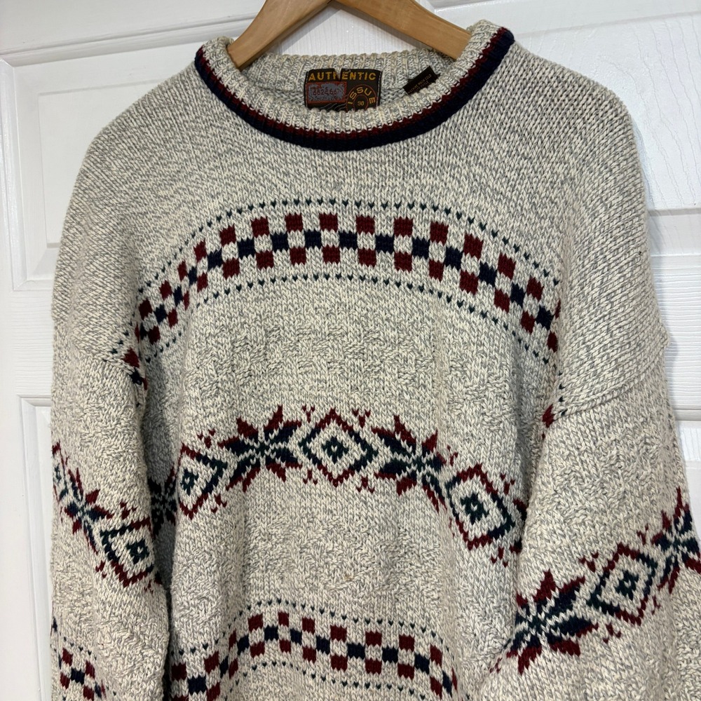 VTG 80s 90s Cotton Authentic Knitwear Mens L Nordic Fair Isle‎ Sweater Made USA